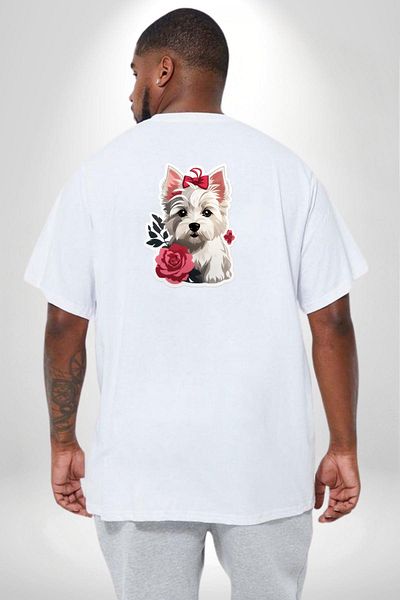 Angemiel White Highland Terrier - تي شيرت أبيض كبير الحجم للجنسين، مطبوع على الظهر