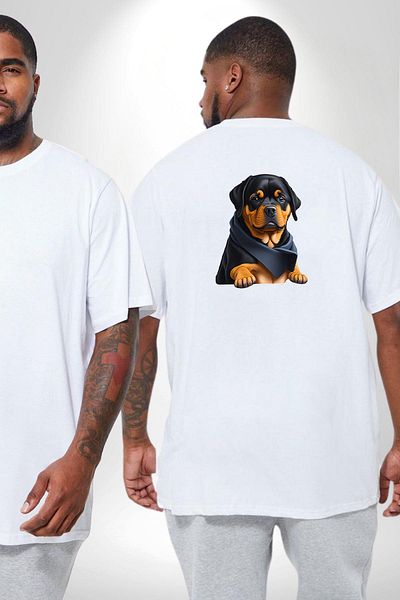 Angemiel تي شيرت أبيض كبير الحجم من Rottweiler Puppy - للنساء/الرجال، مطبوع على الظهر