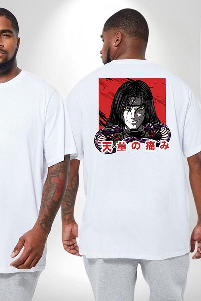 Angemiel تي شيرت Orochimaru Anime Pattern - أبيض، مقاس كبير، مطبوع على الظهر للجنسين