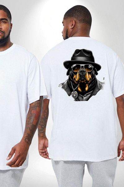 Angemiel تي شيرت أبيض للجنسين مقاس كبير من Mafia Rottweiler - مطبوع على الظهر