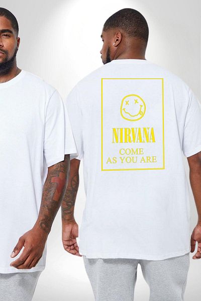 Angemiel تي شيرت Nirvana Music Band - مقاس كبير أبيض للجنسين، مطبوع على الظهر