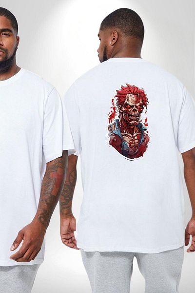Angemiel تي شيرت Walking Dead Zombie أبيض كبير الحجم - مطبوع من الخلف، للجنسين