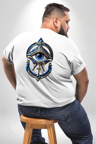 Angemiel تي شيرت أبيض كبير الحجم بنمط Horos Ra Eye - للنساء/الرجال/للجنسين، مطبوع على الظهر