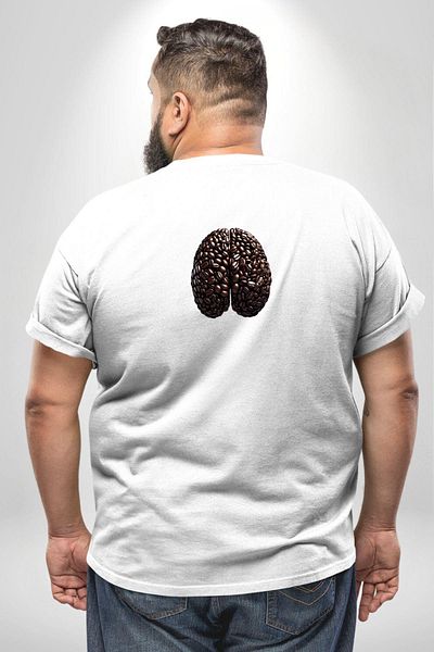 Angemiel تي شيرت أبيض كبير الحجم من Brain - مطبوع عليه ظهر حبوب القهوة الجافة، للجنسين