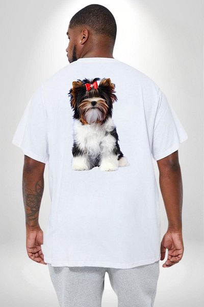 Angemiel تي شيرت أبيض كبير الحجم بنمط Biewer Yorshire Terrier - للنساء/الرجال، مطبوع على الظهر