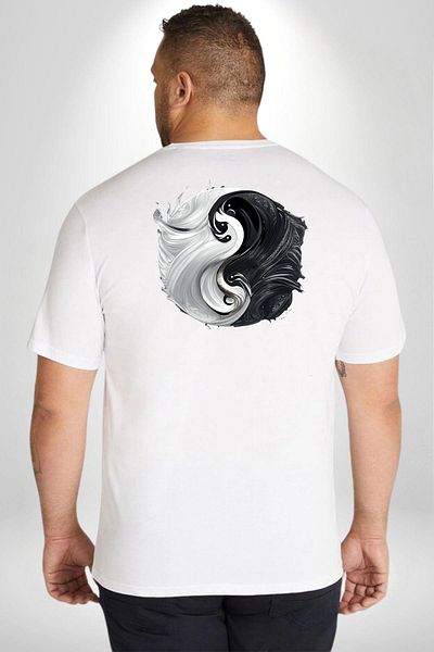 Angemiel تي شيرت أبيض مقاس كبير - Ying Yang، للرجال والنساء، مع طباعة خلفية