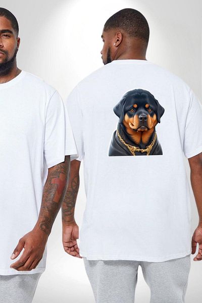 Angemiel تي شيرت أبيض كبير الحجم من Rottweiler Puppy - للنساء/الرجال، مطبوع على الظهر