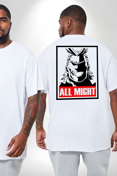 Angemiel تي شيرت All Might My Heroic Academy Anime - مقاس كبير أبيض للجنسين، مطبوع على الظهر