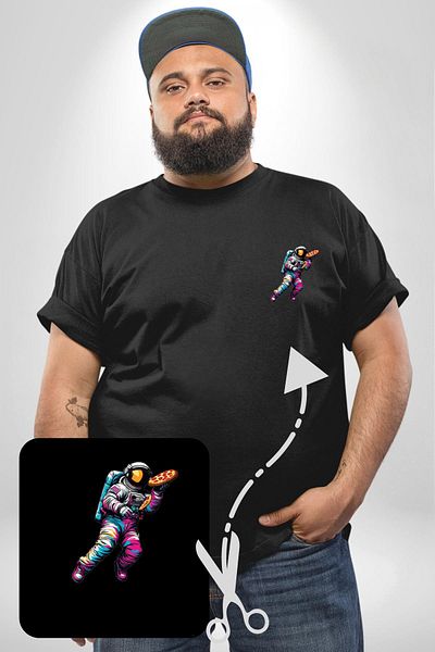 Angemiel تي شيرت Space Courier Pizza - أسود، مقاس كبير، مطبوع بشكل بسيط