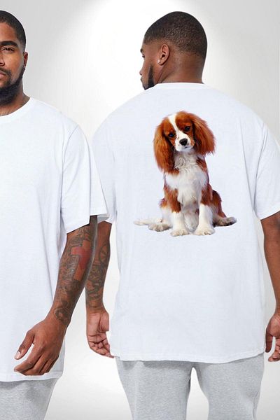 Angemiel تي شيرت Cavalier King Charles Spaniel مقاس كبير - أبيض للجنسين، مطبوع على الظهر