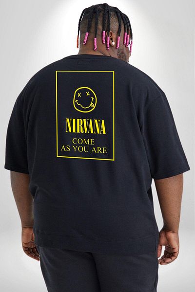 Angemiel Nirvana Music Band - تي شيرت أسود كبير الحجم للجنسين مع طباعة خلفية