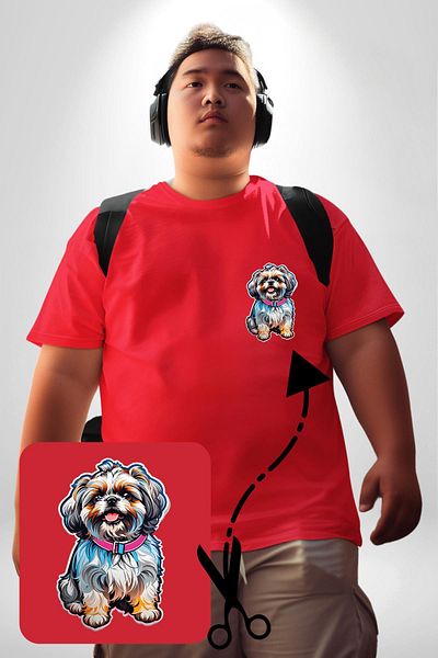 Angemiel تي شيرت نسائي مقاس كبير بنمط Shih Tzu باللون الأحمر - طباعة بسيطة