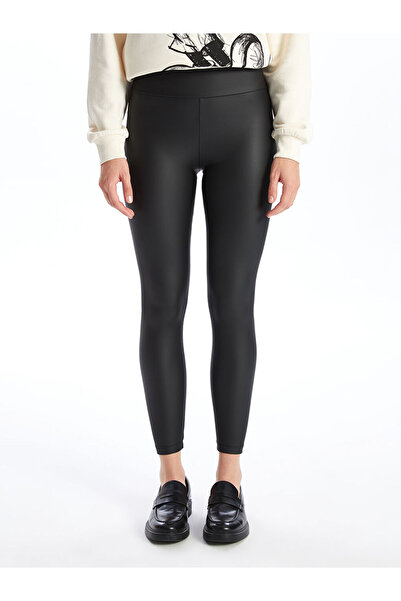 LC Waikiki Black Elastic Waist Leather Look Women's Leggings