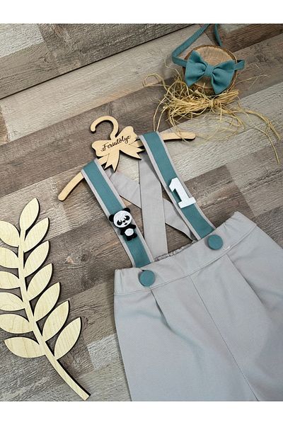 Feriatolye Panda Concept Baby Boy Fog Color Mint Suspender Detailed Trousers Salopet Bow Tie Set