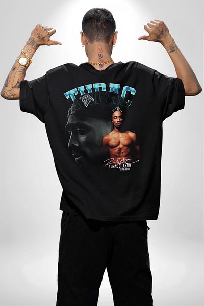 Angemiel Tupac Music Black Oversize Cotton T-shirt - Men and Women, Back Printed