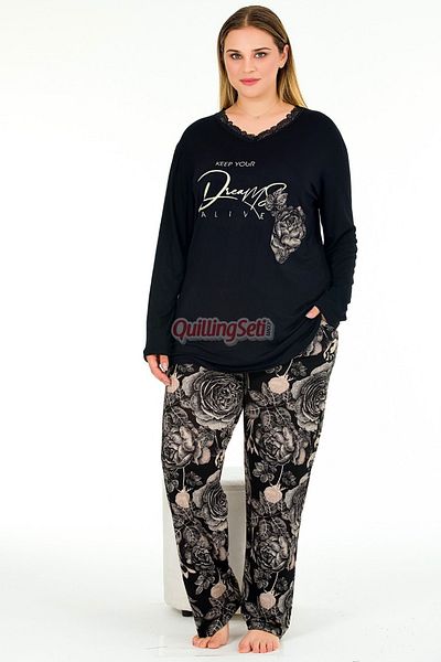 quilling Black Color, Floral Print Lady 11381 Women's Long Sleeve Plus Size Mother Pajamas Set