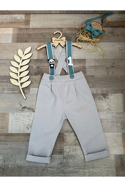 Feriatolye Panda Concept Baby Boy Fog Color Mint Suspender Detailed Trousers Salopet Bow Tie Set