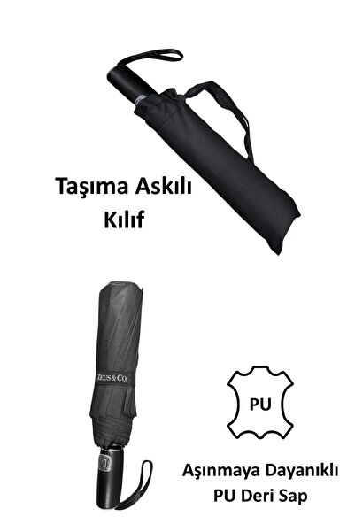 Zeus&Co. Siyah Deri Saplı Ultra Dayanıklı Şemsiye 3+2 Tel Sistemi
