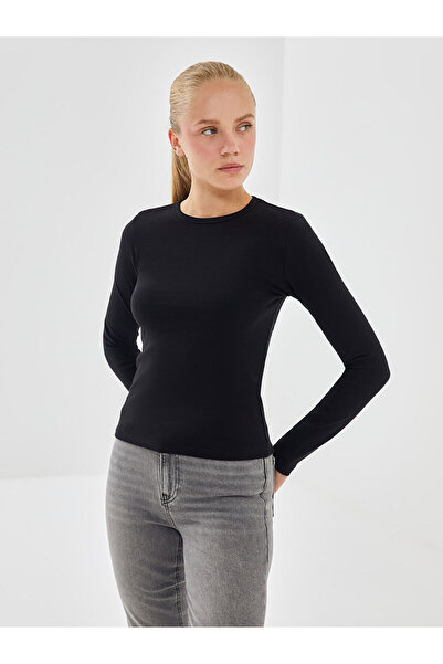 LC Waikiki Siyah Bisiklet Yaka Düz Uzun Kollu Kadın Body