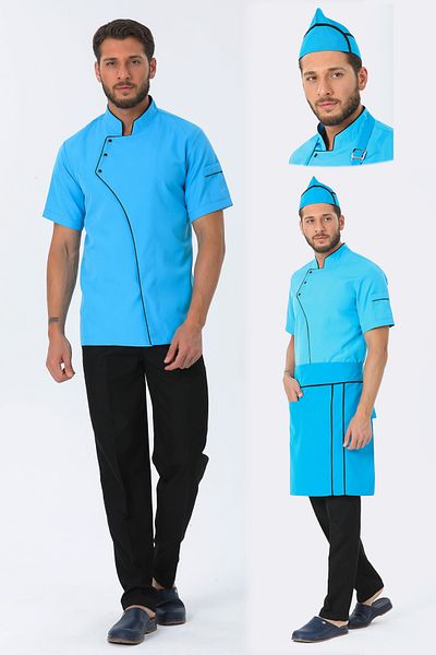 TIPTEKS Comfort Men's Turquoise Cook Jacket, Waist Apron and Cap - Black Piping and Black Cook Pants Set of Four