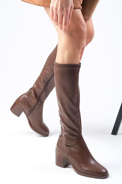 Mio Gusto Armande Brown Stretch, Thick Heeled Women's Boots