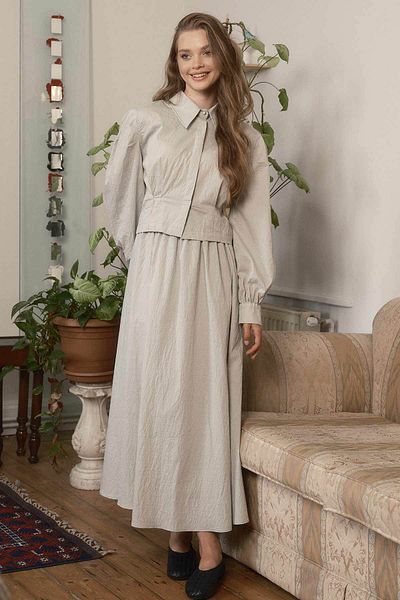 Hooopstore Gray Suit with Pleated Detail Skirt