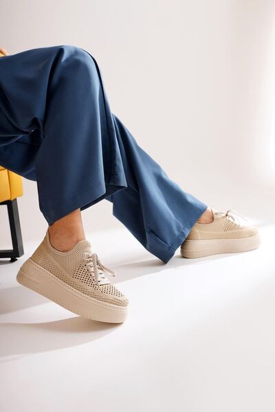 Hayalimdeki Ayakkabı Beige Knitwear Stretch Thick Sole Sports Shoes
