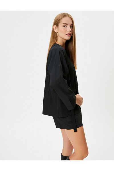 Koton Kimono Long Wide Sleeves Double Breasted Collar Covered Pocket Detailed