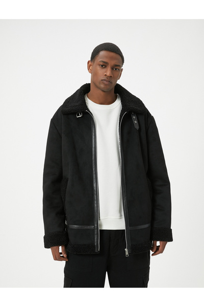 Koton Παλτό από ψεύτικο δέρμα σουέτ Γούνινο γιακά με τσέπη με φερμουάρ Slim Fit