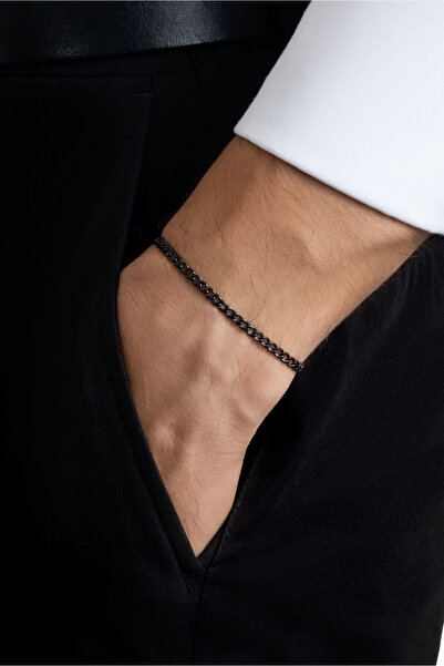 So CHIC... Özgün Çizgi Siyah Rodyum Kaplama Çelik Erkek Zincir Bileklik