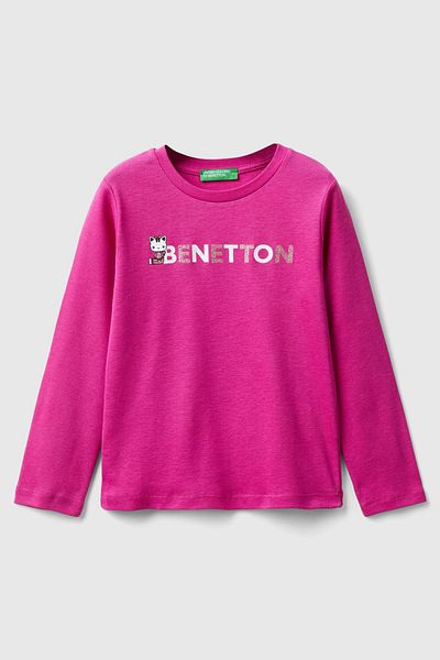 Benetton تي شيرت بناتي بأكمام طويلة باللون الأرجواني