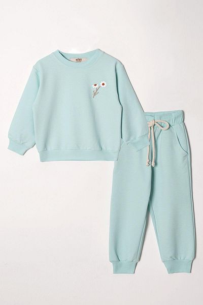 zepkids Crew Neck Long Sleeve Daisy Embroidered Mint Color Girl's Tracksuit Set
