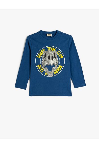 Koton Dinosaur Printed Cotton Long Sleeve T-Shirt - Crew Neck
