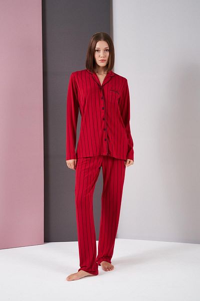 PJS Costum de pijama cu mânecă lungă în dungi cu nasturi pentru femei