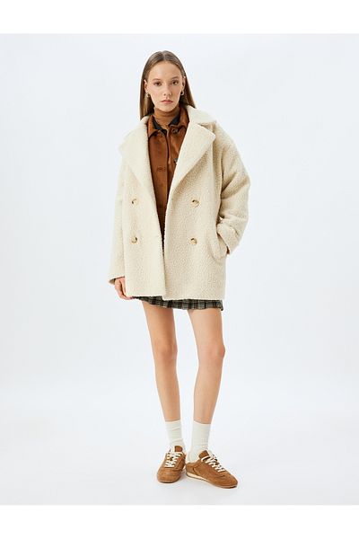 Koton Double Breasted Lapel Buttoned Pocket Detailed Boucle Coat