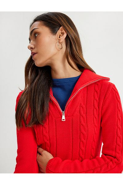 Koton Half Zip Stand Collar Knitwear Sweater Hair Knit Textured Long Sleeve