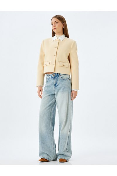 Koton Collarless Pocket Detailed Slim Fit Crop Jacket