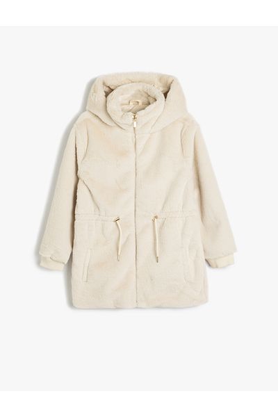 Koton Plush Hooded Coat - Zippered and Pocket Detail