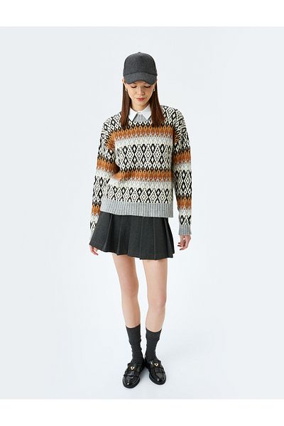 Koton Crew Neck Comfortable Fit Long Sleeve Multicolor Ethnic Sweater