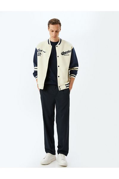 Koton Color-Blocking Cotton Blend Raised Embroidered Pocket Detailed College Collar Jacket