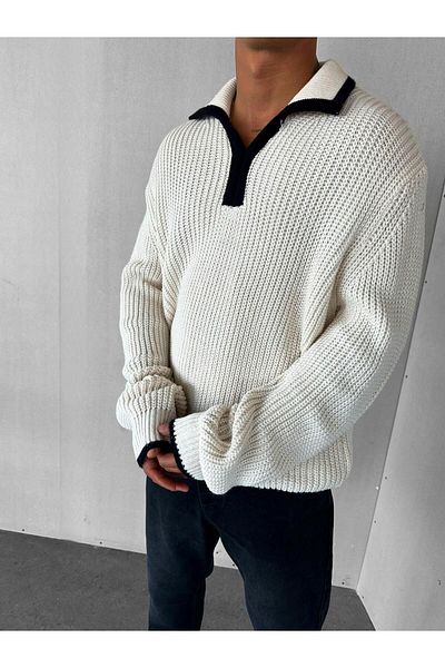 ablukaonline Ecru Men's Oversize Patterned Heavy Sweater - Stand Collar