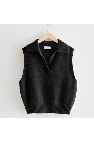 winter club Corded Cut Black Polo Collar Sleeveless Silk Sweater