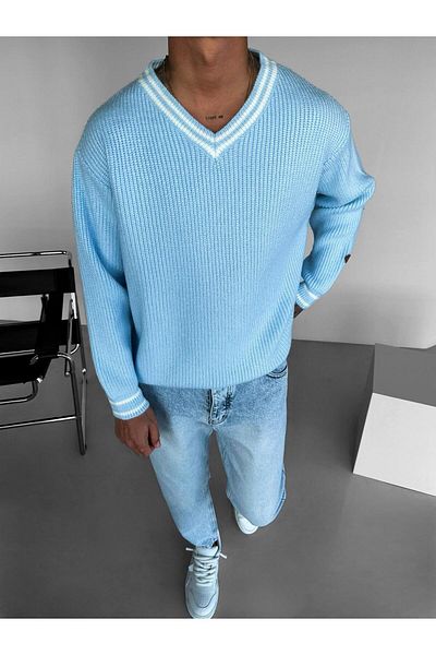 ablukaonline Pulover de tricotaj oversize albastru cu decolteu în V - 100% bumbac pentru bărbați