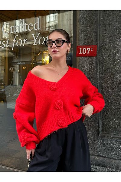 Laluvia Red Zyra Self Floral Buttoned Cardigan