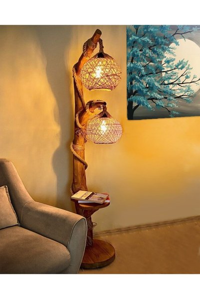 woodhub Doğal Ağaç Lambader Yalıkavak Serisi Halatlı Lambader Ceviz 180 Cm