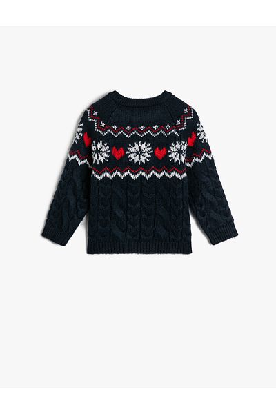Koton Gemusterter Strickpullover mit Rundhalsausschnitt und langen Ärmeln