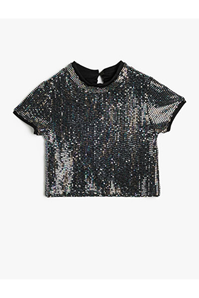 Koton Sequin Sequined Shiny Blouse Short Sleeve Crew Neck