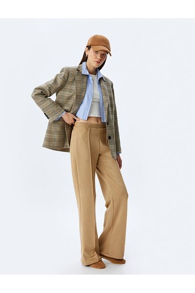 Koton Suede Look High Waist Elastic Ribbed Spanish Leg Pants