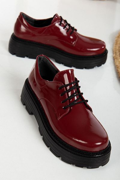 Hayalimdeki Ayakkabı Western Lace Detailed Claret Red Patent Leather Women's Stylish Casual Shoes