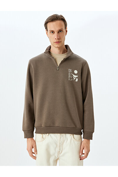 Koton Yarım Fermuarlı Pamuk Karışımlı Şardonlu Baskılı Sweatshirt